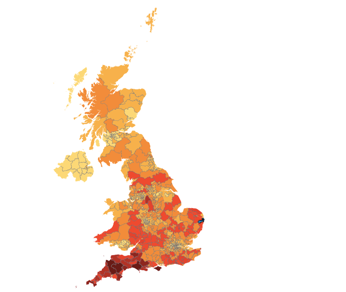 A map of the UK to show where the most badgers are going to be culled.